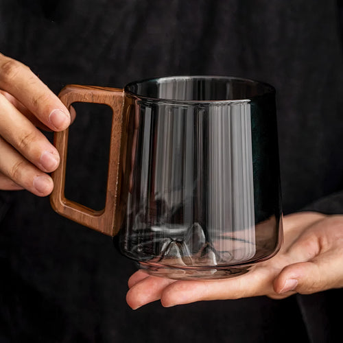 Tasses café zen - Verre fumé avec montagne cachée & anse bois